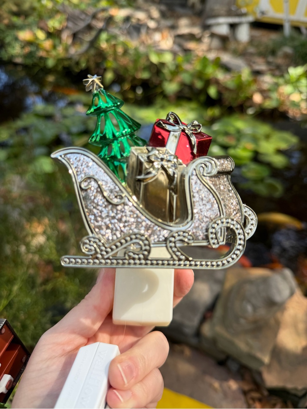 Bath & Body Works Silver Glitter Sleigh wallflower with Green Tree & Red Gift